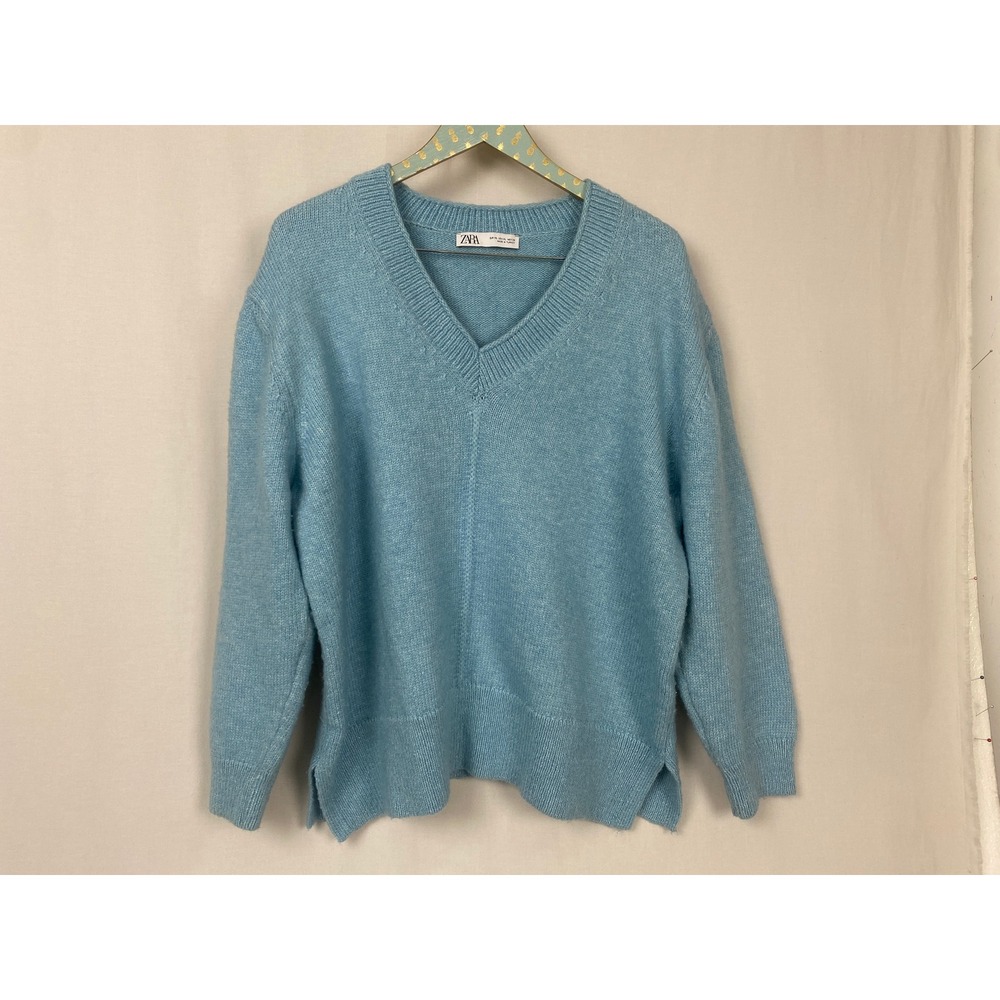 Zara V-Neck Sweater Women XL Blue Wool Blend Soft Knit Jumper Boxy Coastal Cozy